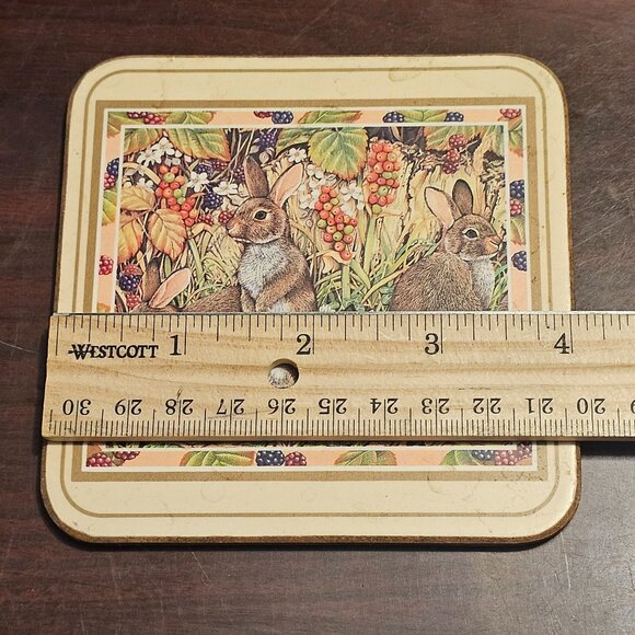 Set Of 6 Pimpernel Coasters "Country Rabbit" 4" x 4"  Bunnies in Berry Patch - Picture 5 of 6